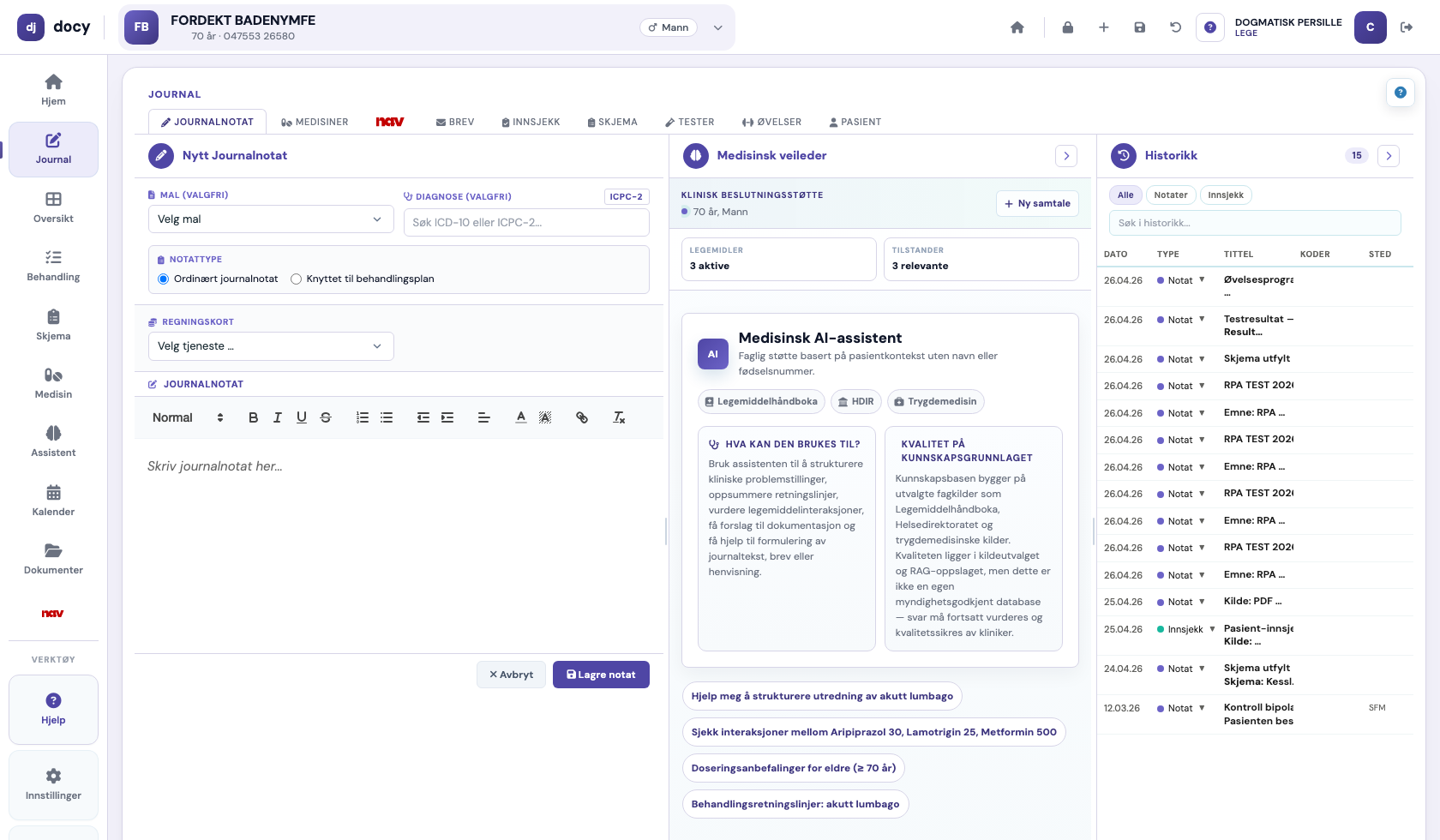 DocY Solo arbeidsflate med journal og paneler