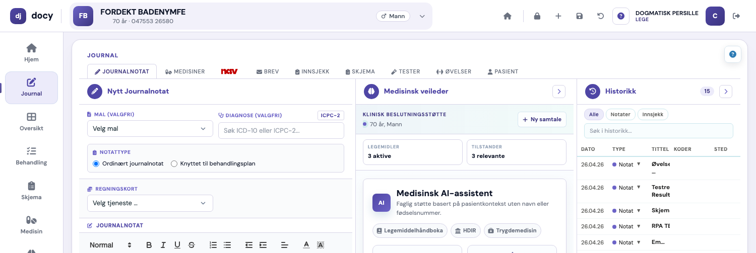 Medisinliste med 4 aktive medikamenter, søk, filter og resepthistorikk.